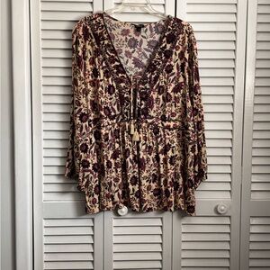 Torrid Cream and Floral Boho Blouse with Embroidered Lace Up Neck